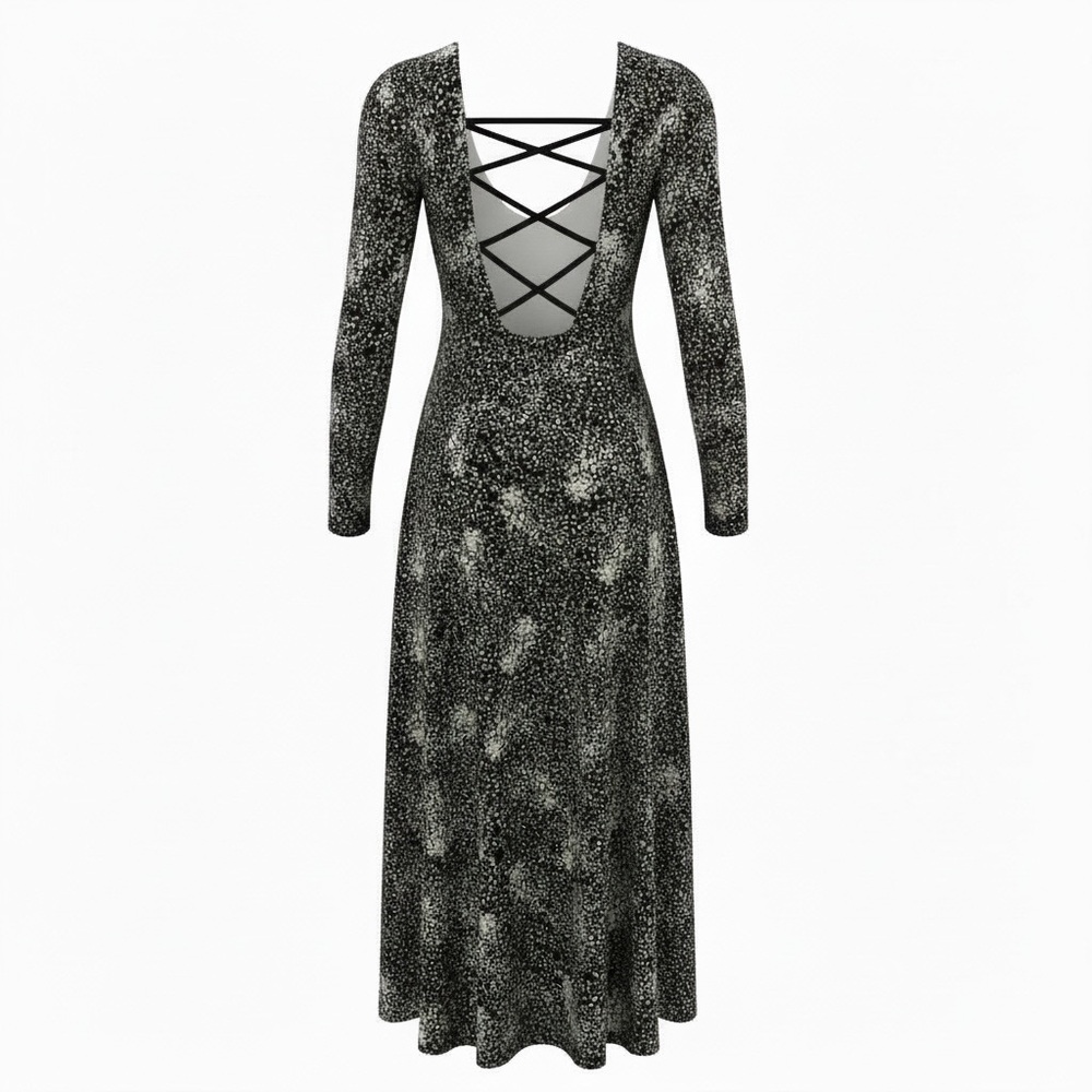 Lush Elegant Black & White Print Dress, M, mid calf length, lace up back - Picture 2 of 9